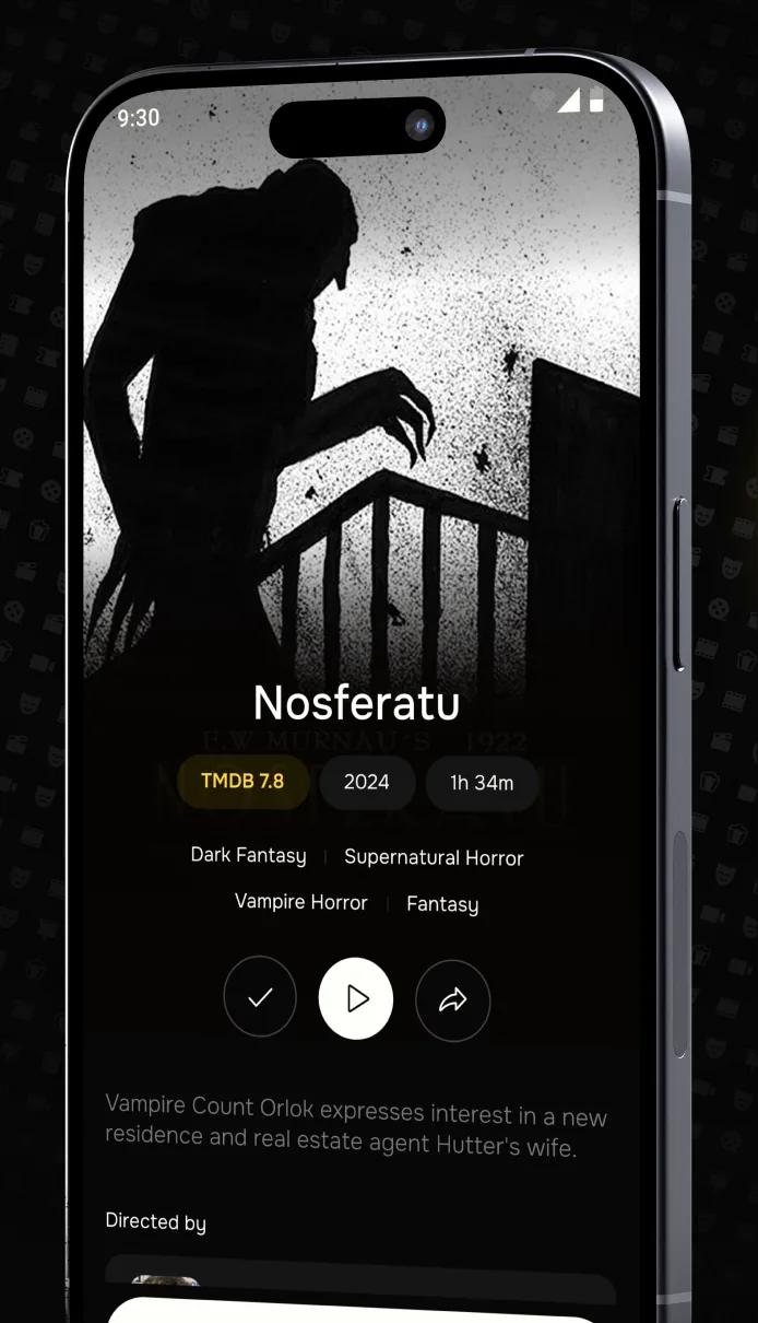 App screen showing the movie Nosferatu with rating, genres and description