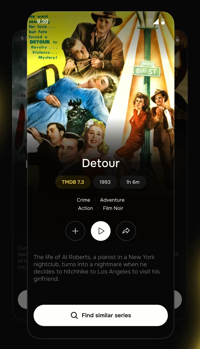 App screen showing the recommended movie Detour with rating and genres