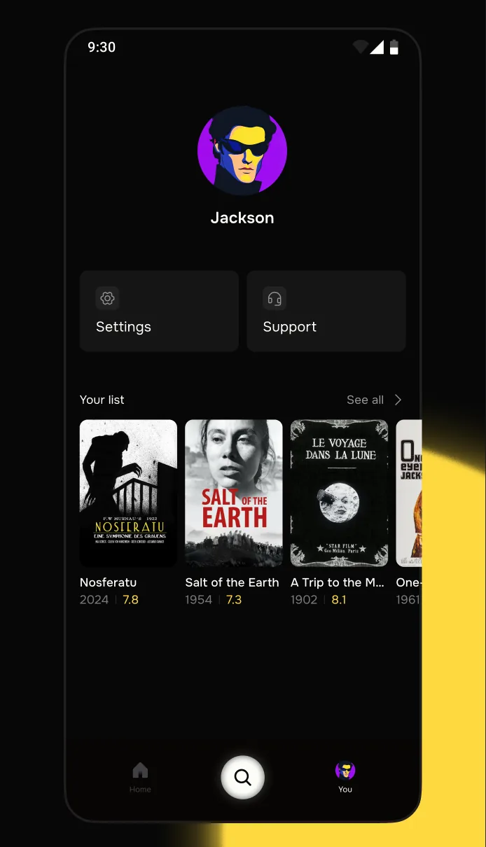 App profile screen with a saved watchlist of movies